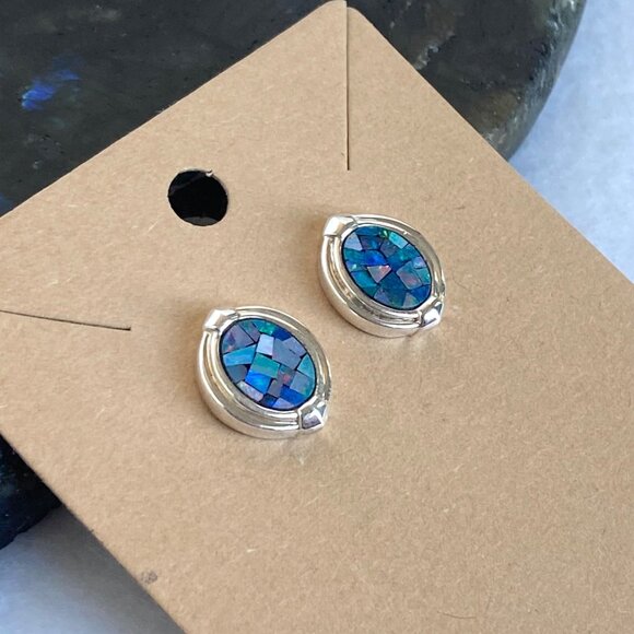 Sterling Silver 925 Michelle Albala Mosaic Blue Opal Inlay Oval Stud Earrings - Picture 3 of 16